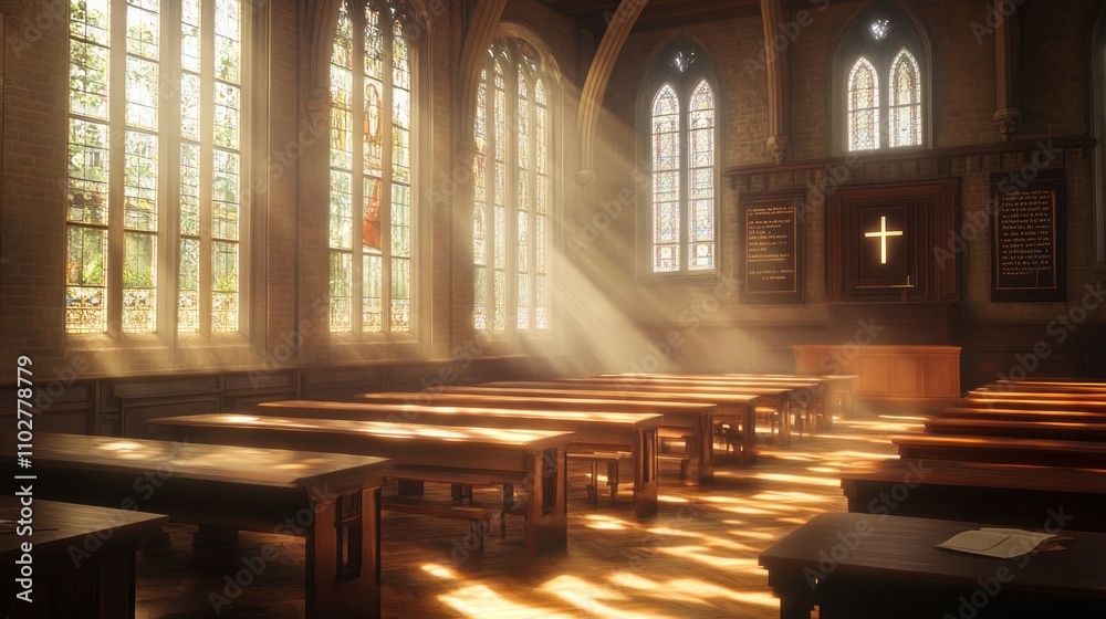 Fototapeta premium A serene interior of a church with sunlight streaming through stained glass windows.