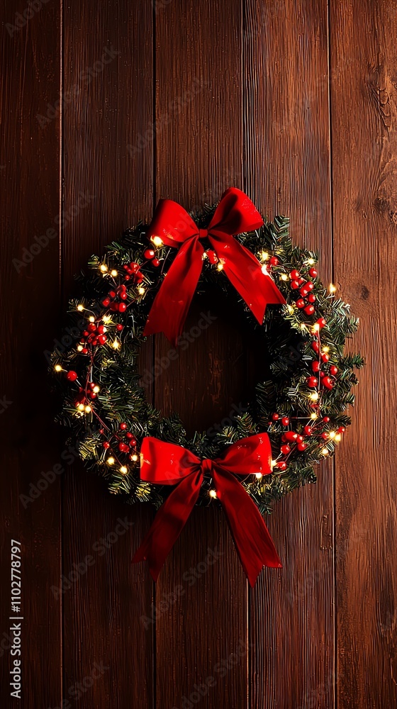 A festive Christmas wreath adorned with red ribbons and twinkling lights, perfect for holiday decorations. A festive Christmas wreath adorned with red ribbons and twinkling lights, perfect for holiday decorations.