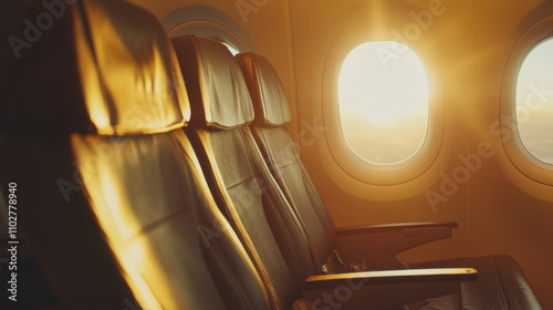 Sunset view from airplane window with empty leather seats, creating warm and inviting atmosphere photo