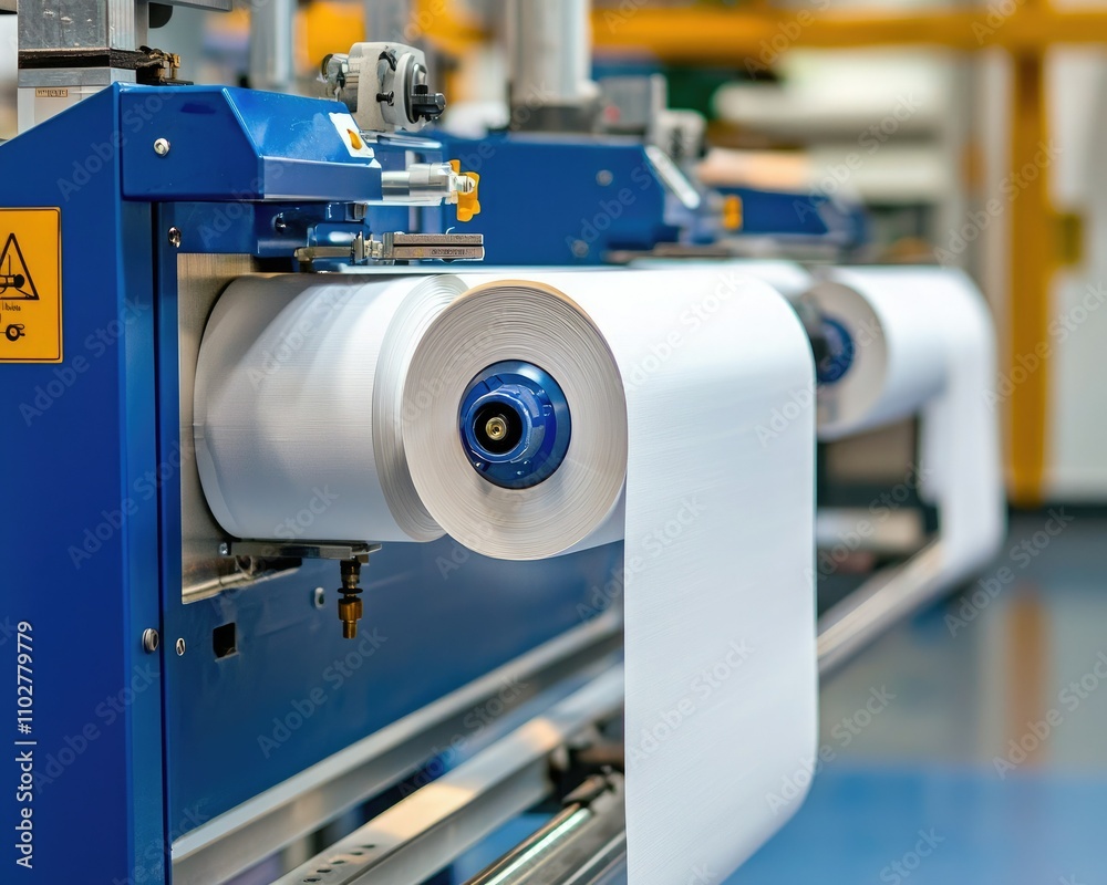 A close-up of a paper manufacturing machine showing white rolls of paper being processed, highlighting industrial precision in production. A close-up of a paper manufacturing machine showing white rolls of paper being processed, highlighting industrial precision in production.