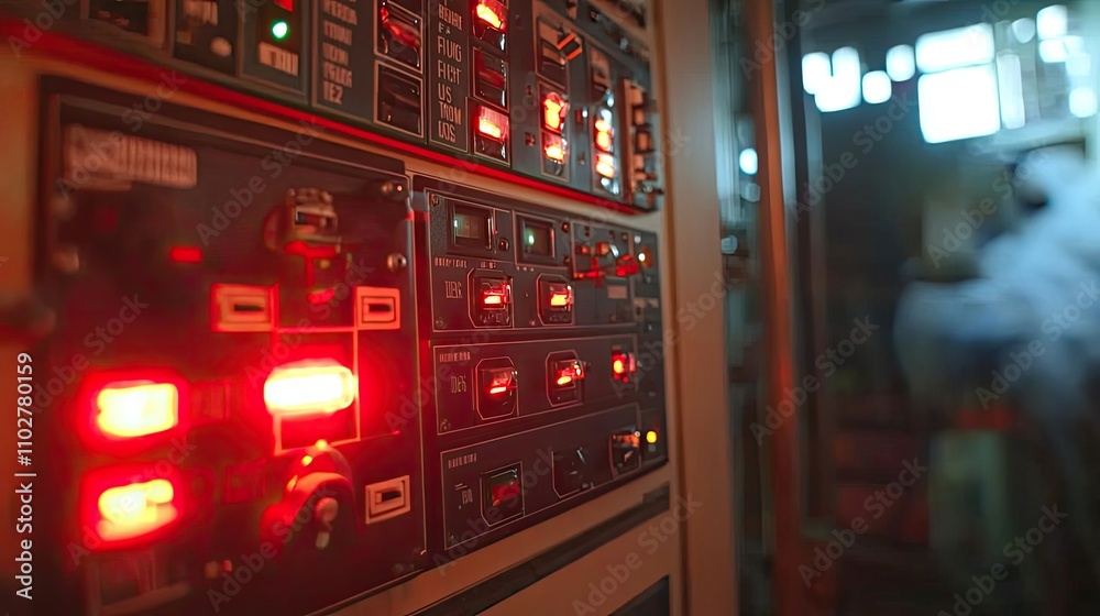 Control panel with glowing red buttons and switches, industrial setting, blurred background. Control panel with glowing red buttons and switches, industrial setting, blurred background.