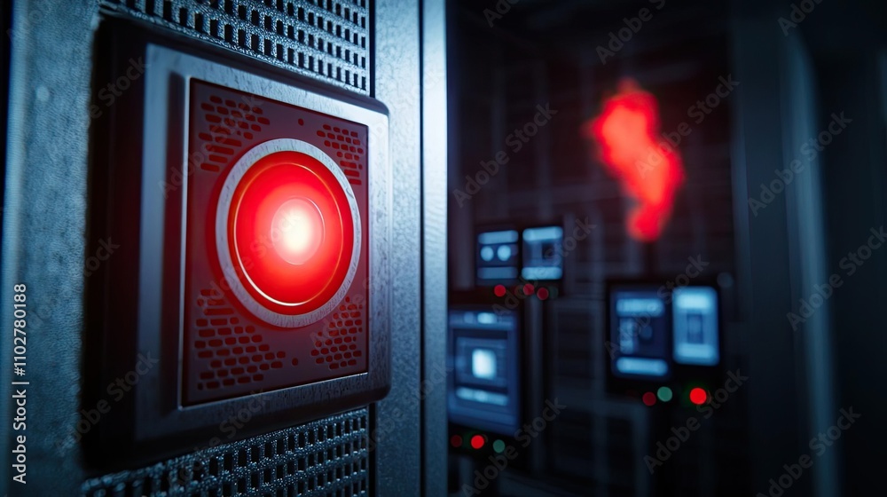Close-up of a red alert light in a high-tech server room with glowing screens. Close-up of a red alert light in a high-tech server room with glowing screens.