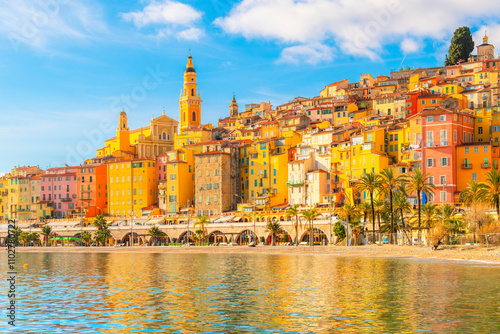 Slika na platnu Townscape of the picturesque and colorful old town and Les Sablettes Beach and promenade along the Cote d'Azur French Riviera at Menton, France