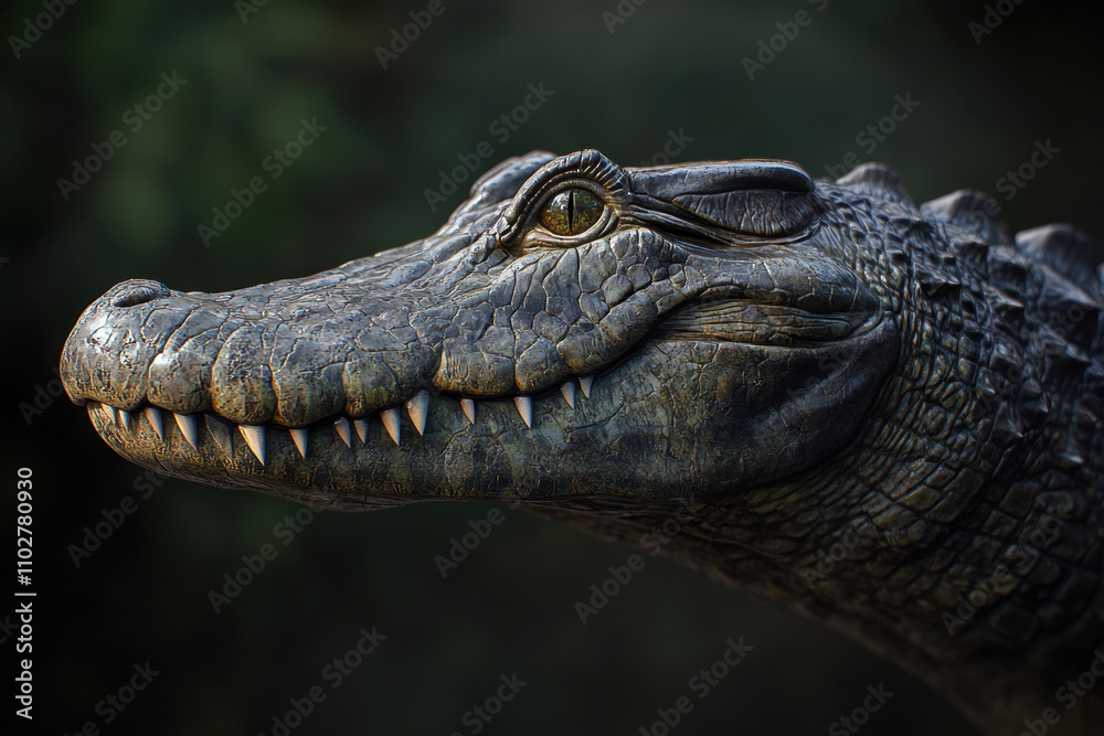 Obraz premium crocodile with its mouth closed, showcasing detailed scales and sharp teeth, exudes sense of calm yet fierce presence in its natural habitat