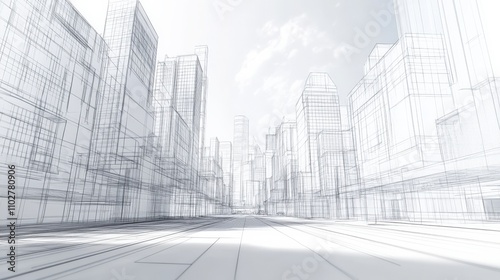 A futuristic cityscape merging 2D sketches with 3D digital rendering