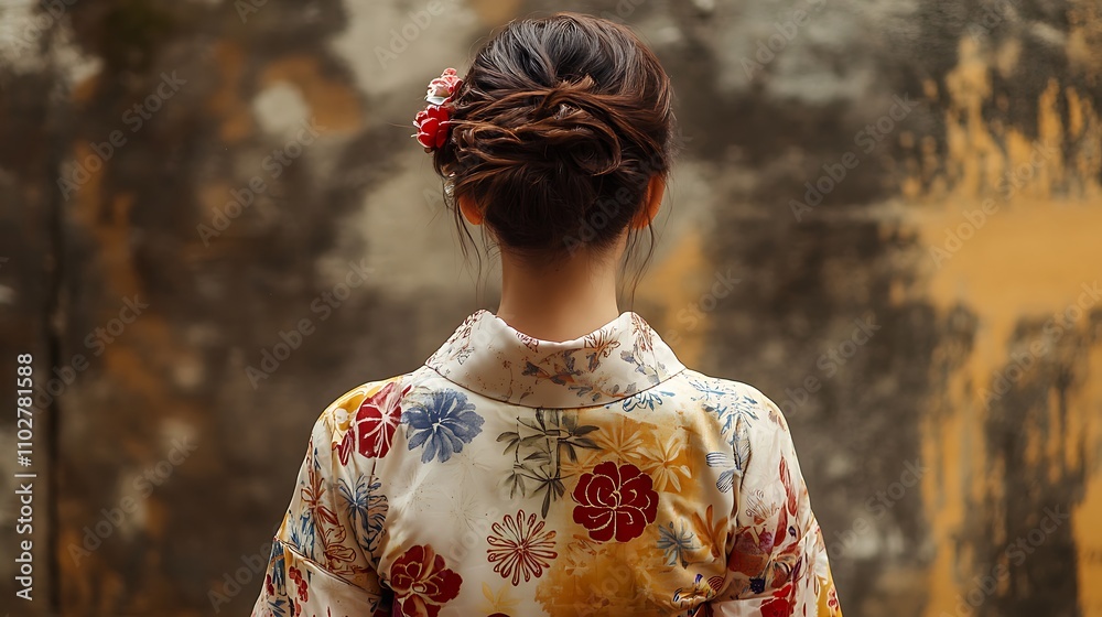 Woman in Traditional Japanese Kimono with Flower in Hair Woman in Traditional Japanese Kimono with Flower in Hair