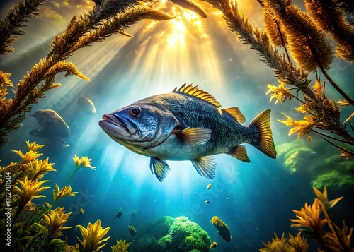 Stunning double exposure of a black bass, nature's beauty,  AI art.