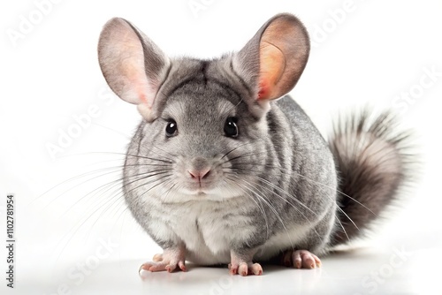 Surreal chinchilla, gray hue, white background, photorealistic detail.