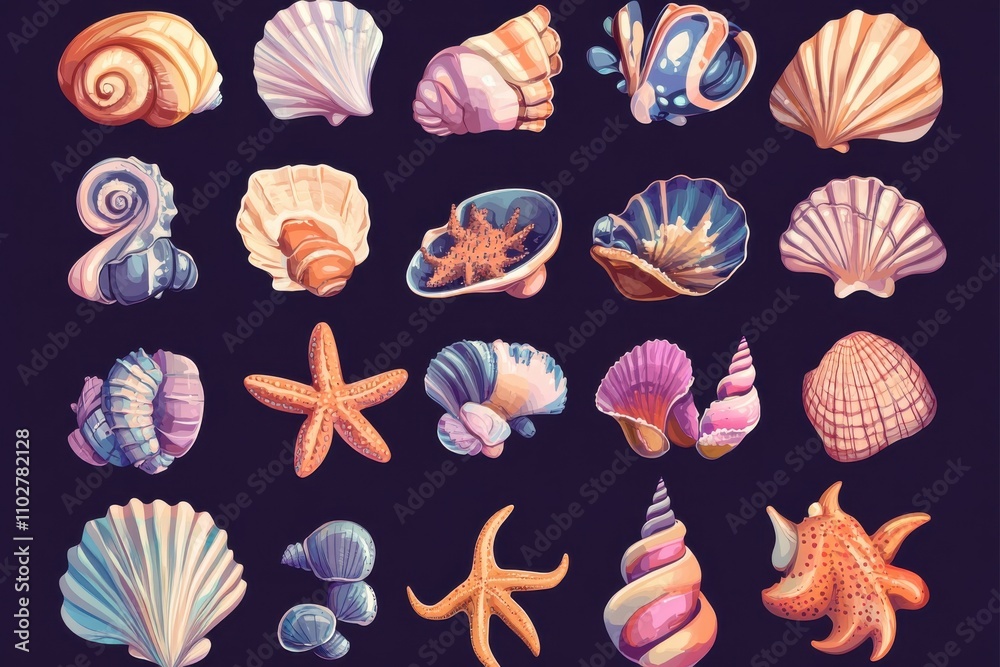 Cartoon shell creatures. Vivid marine shells for fish tanks, sea stars, snails, shellfish, and bivalves illustrated in art designs Cartoon shell creatures. Vivid marine shells for fish tanks, sea stars, snails, shellfish, and bivalves illustrated in art designs