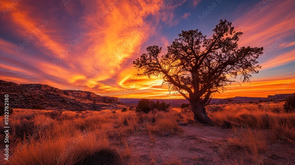 Fiery Sunset Sky Over Lone Desert Tree Landscape Fiery Sunset Sky Over Lone Desert Tree Landscape
