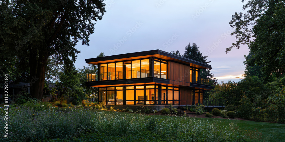 Enhancing evening ambiance sustainable house exterior with geometric windows outdoor setting architectural photography modern design Enhancing evening ambiance sustainable house exterior with geometric windows outdoor setting architectural photography modern design