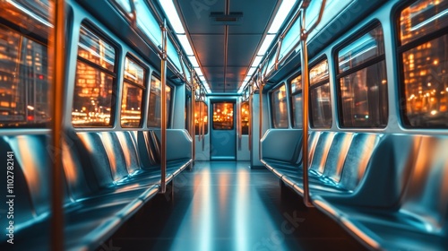 Wallpaper Mural A modern subway train interior with illuminated seating and city lights visible through windows. Torontodigital.ca
