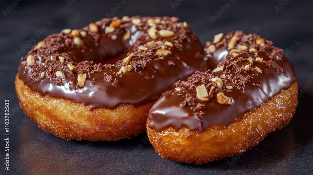 Two chocolate-covered donuts topped with nuts on a dark background. Two chocolate-covered donuts topped with nuts on a dark background.