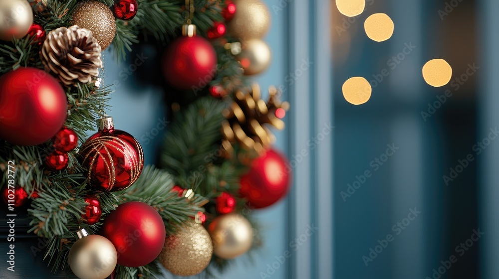 Festive Christmas Wreath Adorned with Red and Gold Ornaments, Pine Cones, and Holly on a Blue Wall Background for Holiday Decor Inspiration Festive Christmas Wreath Adorned with Red and Gold Ornaments, Pine Cones, and Holly on a Blue Wall Background for Holiday Decor Inspiration
