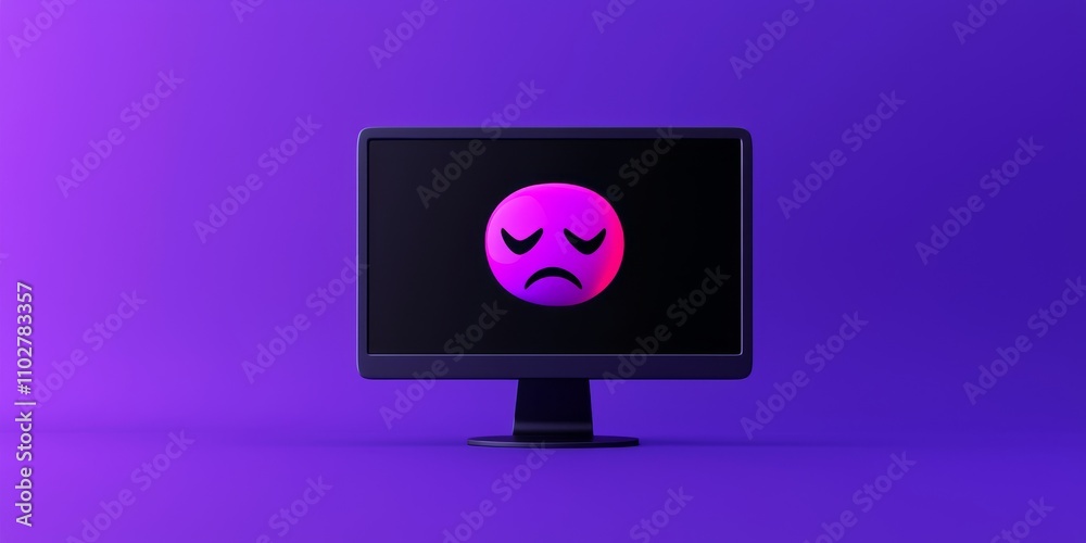 Register and verification concept. Sad emoji displayed on a computer monitor against a purple background. Register and verification concept. Sad emoji displayed on a computer monitor against a purple background.
