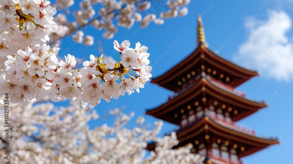 Beautiful cherry blossom flowers in full bloom with a traditional Japanese pagoda in the background under a clear blue sky, creating a serene and picturesque scene. Beautiful cherry blossom flowers in full bloom with a traditional Japanese pagoda in the background under a clear blue sky, creating a serene and picturesque scene.
