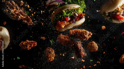 generate dramatic photography of shawarma, bao, falafel, frieds, fried chicekn, food photography, on balck bakcground, drama ingriedients floating photo