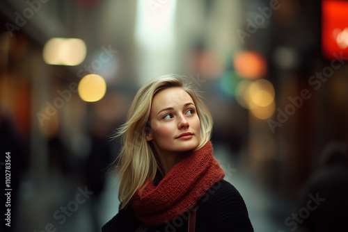 Stylish women captured in urban settings with glowing bokeh lights, showcasing natural beauty and the vibrant energy of the city. 