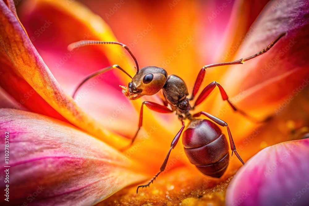 Fototapeta premium The world of a tiny ant, magnified to reveal its exploration of the vibrant, intricate depths of a flower.