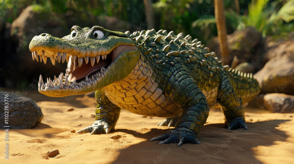 Fototapeta premium realistic 3D crocodile character in vibrant African setting, showcasing its detailed scales and fierce expression. This captivating creature stands out in sandy environment
