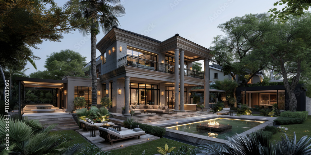 Fototapeta premium landscaping in front of the villa ornamental pools, and design sculptures in the garden. 