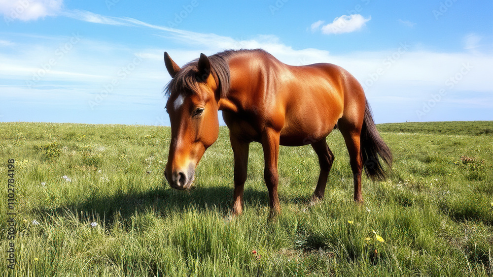A horse grazes on a lush green pasture with a few wildflowers scattered around it, wildflowers, farm life, countryside scenery A horse grazes on a lush green pasture with a few wildflowers scattered around it, wildflowers, farm life, countryside scenery