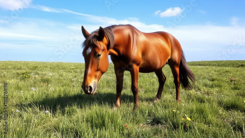A horse grazes on a lush green pasture with a few wildflowers scattered around it,  wildflowers,  farm life,  countryside scenery