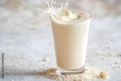 Close-up of milk splashing in a glass, soft light, white background with copy space. National Milk Day. photo