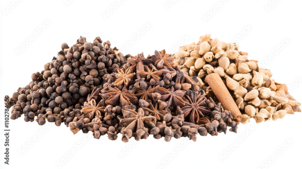 set of three piles of spices including star anise, black pepper, and cardamom, showcasing their unique textures and colors. Perfect for culinary use or decoration set of three piles of spices including star anise, black pepper, and cardamom, showcasing their unique textures and colors. Perfect for culinary use or decoration
