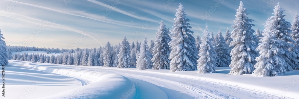 Snow-covered landscape with tall evergreen trees during winter sunshine Snow-covered landscape with tall evergreen trees during winter sunshine