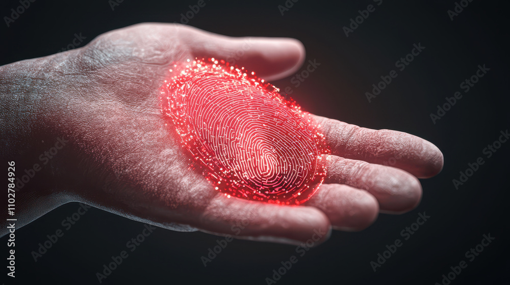 Fototapeta premium glowing red fingerprint on human hand symbolizes biometric identification and security technology. This striking image highlights importance of digital identity in modern society