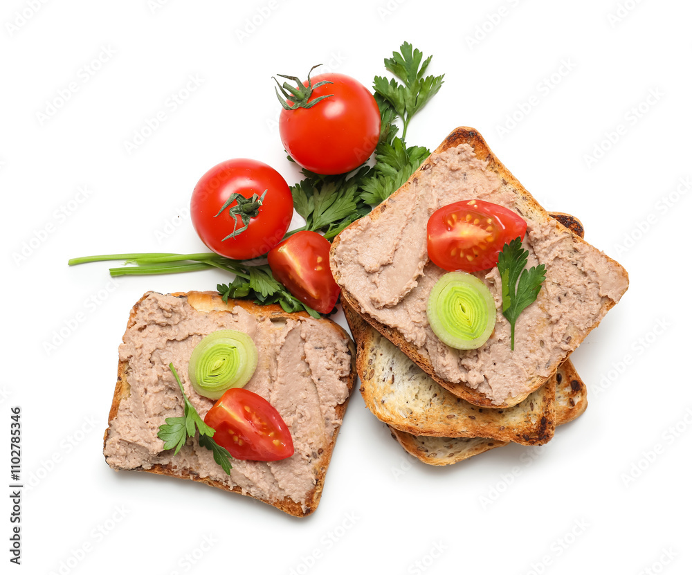 Toasts with tasty pate, parsley, tomatoes and onion rings on white background Toasts with tasty pate, parsley, tomatoes and onion rings on white background
