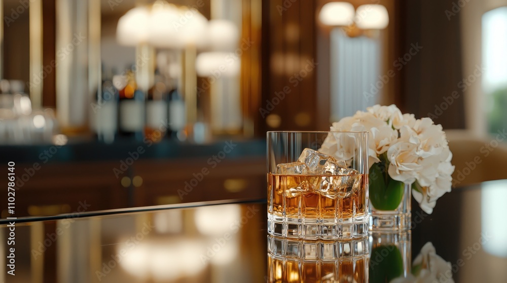 Elegant whiskey glass with ice placed on a bar counter, accompanied by a fresh flower arrangement, creating a sophisticated and inviting ambiance in a luxury setting Elegant whiskey glass with ice placed on a bar counter, accompanied by a fresh flower arrangement, creating a sophisticated and inviting ambiance in a luxury setting