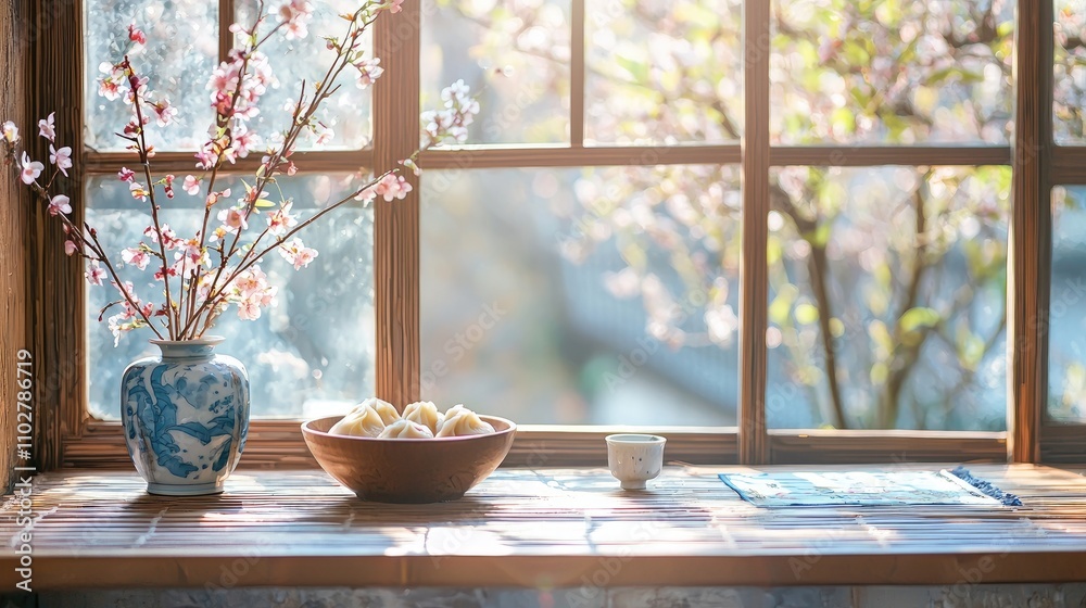Indoor scene, a table next to the windowsill, there is a bowl of dumplings on the table, plum blossom Indoor scene, a table next to the windowsill, there is a bowl of dumplings on the table, plum blossom