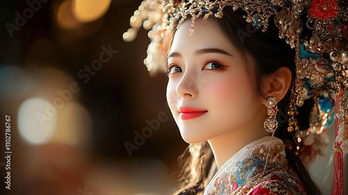 A photorealistic portrait of a young woman in traditional attire, perfect for Lunar New Year celebrations, cultural events or promotional materials highlighting heritage.