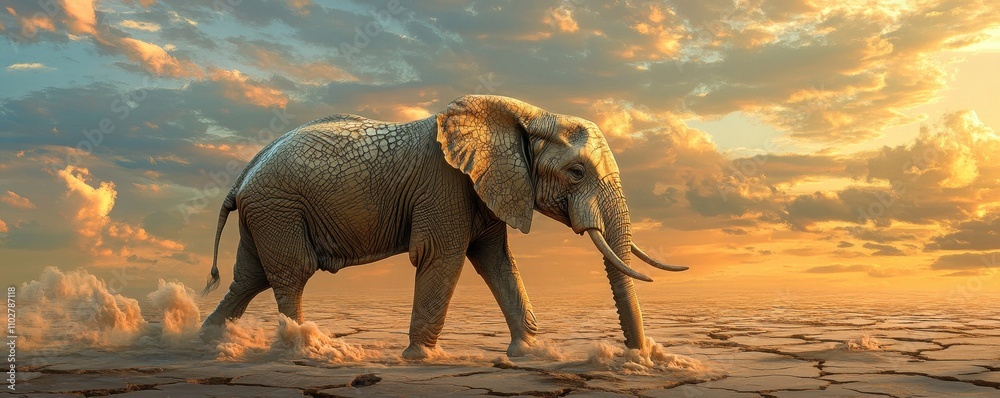 Fototapeta premium Surreal Elephant in a Dreamlike Landscape at Dusk