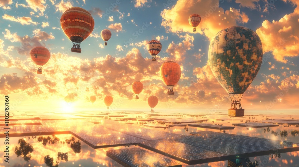 Fototapeta premium Colorful hot air balloons floating over a serene landscape at sunset.