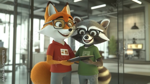 Two friendly cartoon animal mascots, a fox and a raccoon wearing glasses, review a digital tablet together in an office.