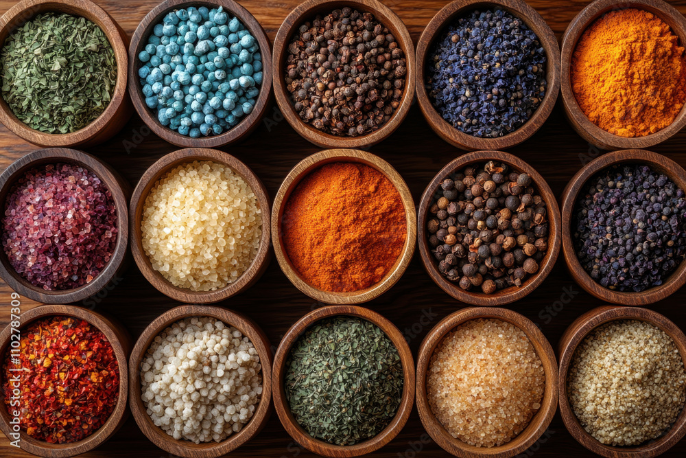 Colorful spices and herbs in wooden bowls create vibrant display, showcasing variety of textures and colors that enhance culinary experiences Colorful spices and herbs in wooden bowls create vibrant display, showcasing variety of textures and colors that enhance culinary experiences