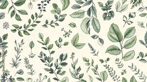 Delicate Botanical Pattern of Various Greenery on a Cream Background