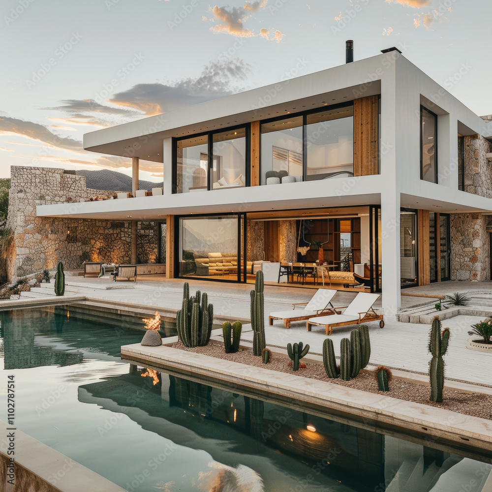 Fototapeta premium landscaping in front of the villa ornamental pools, and design sculptures in the garden. 