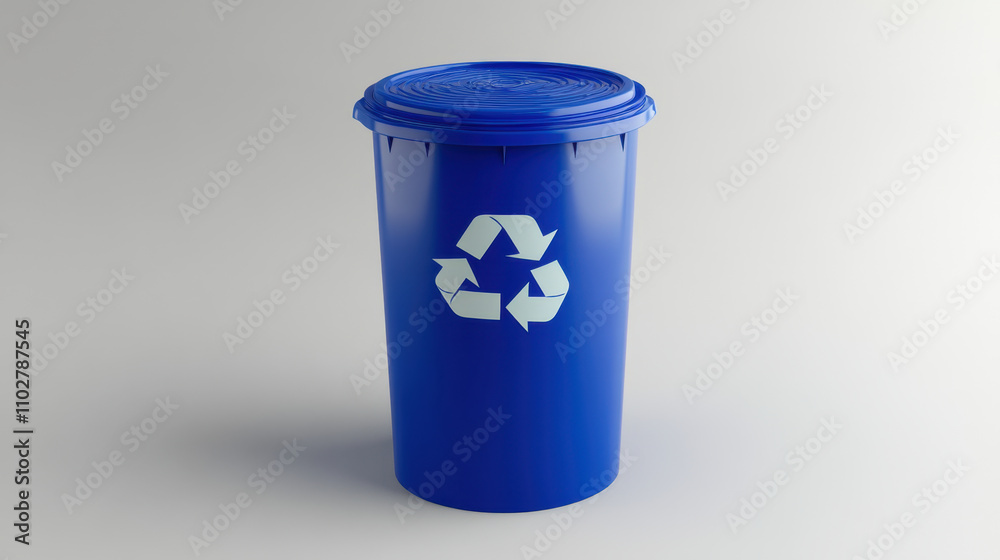 blue cylindrical recycling bin with lid, featuring recycling symbol. This eco friendly container promotes sustainability and waste management blue cylindrical recycling bin with lid, featuring recycling symbol. This eco friendly container promotes sustainability and waste management