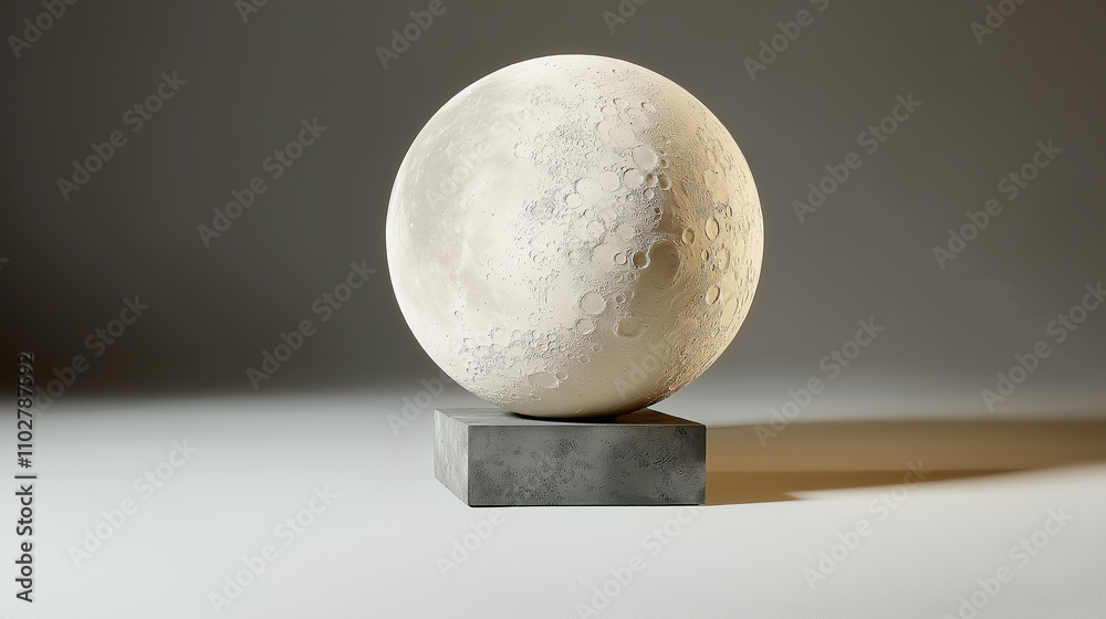 Realistic moon sitting on a concrete pedestal in a studio setting