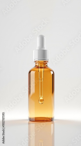 Amber dropper bottle with droplet falling from pipette, science, solution, laboratory