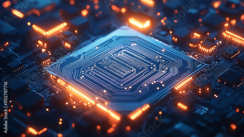 Cpu processing data on motherboard with orange lights glowing