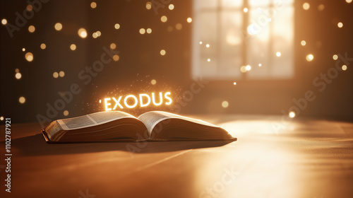 Open bible showing exodus book in atmospheric lighting photo