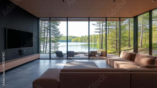 Modern living room overlooking tranquil lake with forest view