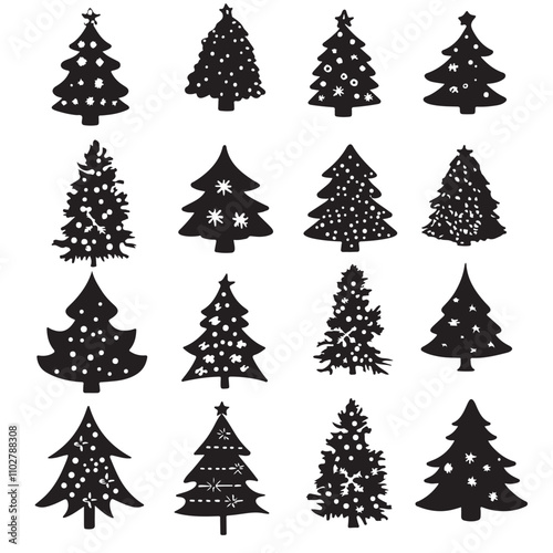 x' mas tree silhouette set vector illustration