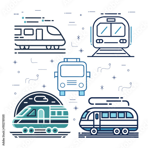 Set of travel train icons. Minimal flat graphic transport symbol.
