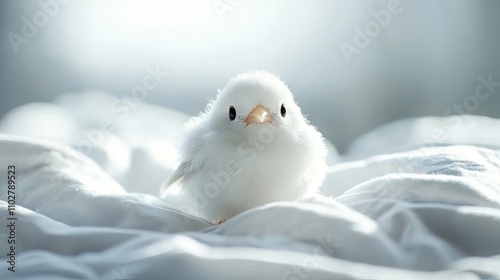 ome world's smallest white Round fat chirps, Stand on bed ,big eyes, It has full feathers and looks like a ball of fur,it is undoubtedly cute and charming,  photo